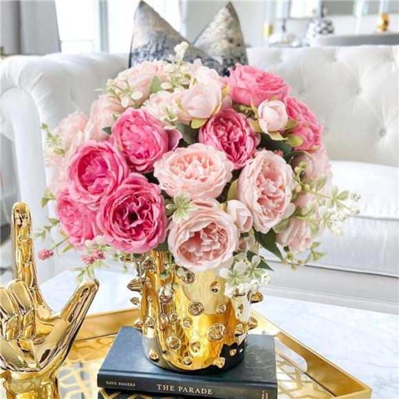 Artificial Peonies Silk Flowers, Pink Faux Peony Bouquet 4 Bundles Florals - Picture 3 of 6